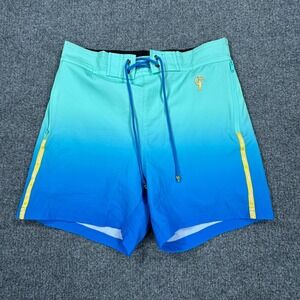 Tucann Swim Trunks Mens Medium Blue Teal Ombre Gradient Zip Pockets Beachwear